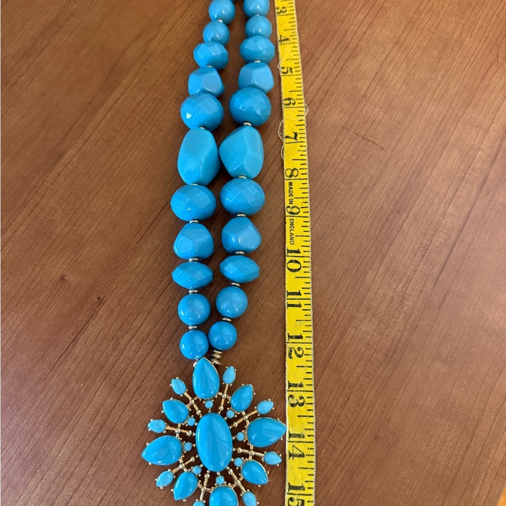 Chunky Turquoise/Gold Beaded Necklace With Big Pendant Accent Matching Bracelet - Picture 3 of 6